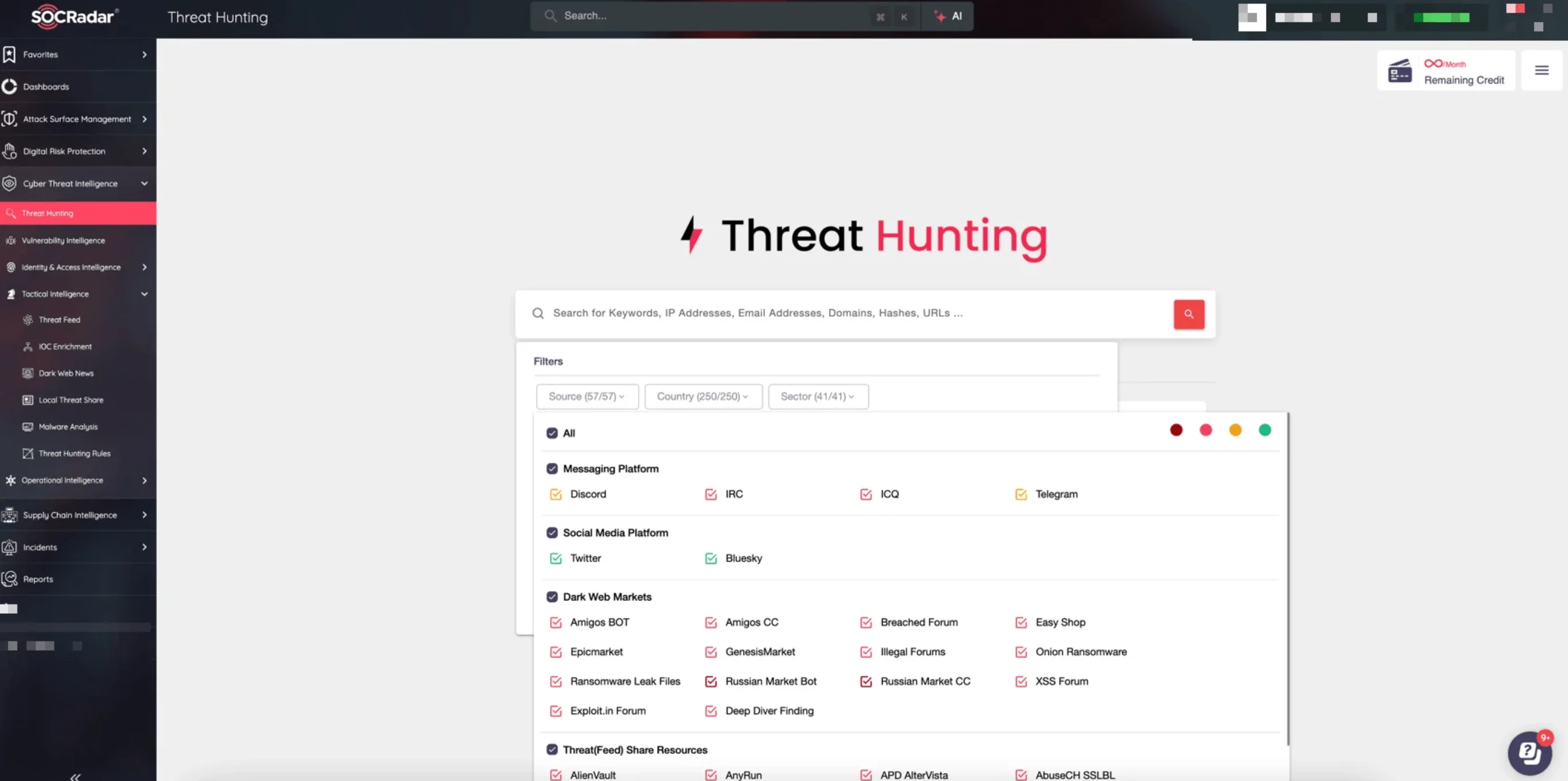 Threat Hunting search page on the SOCRadar XTI platform