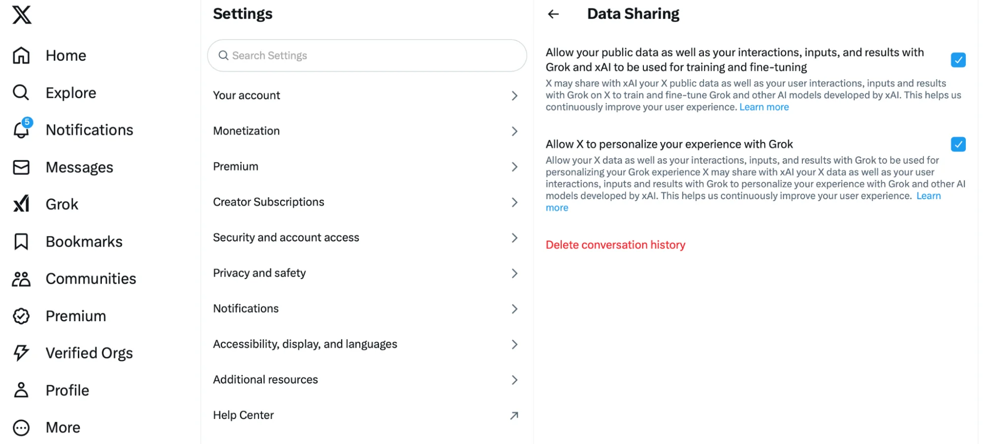 X - Settings: Data Sharing