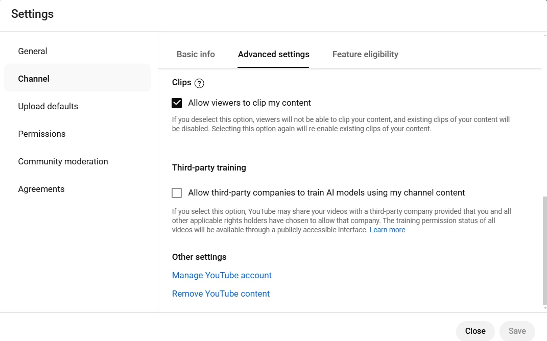 YouTube - Settings -> Channel -> Advanced Settings