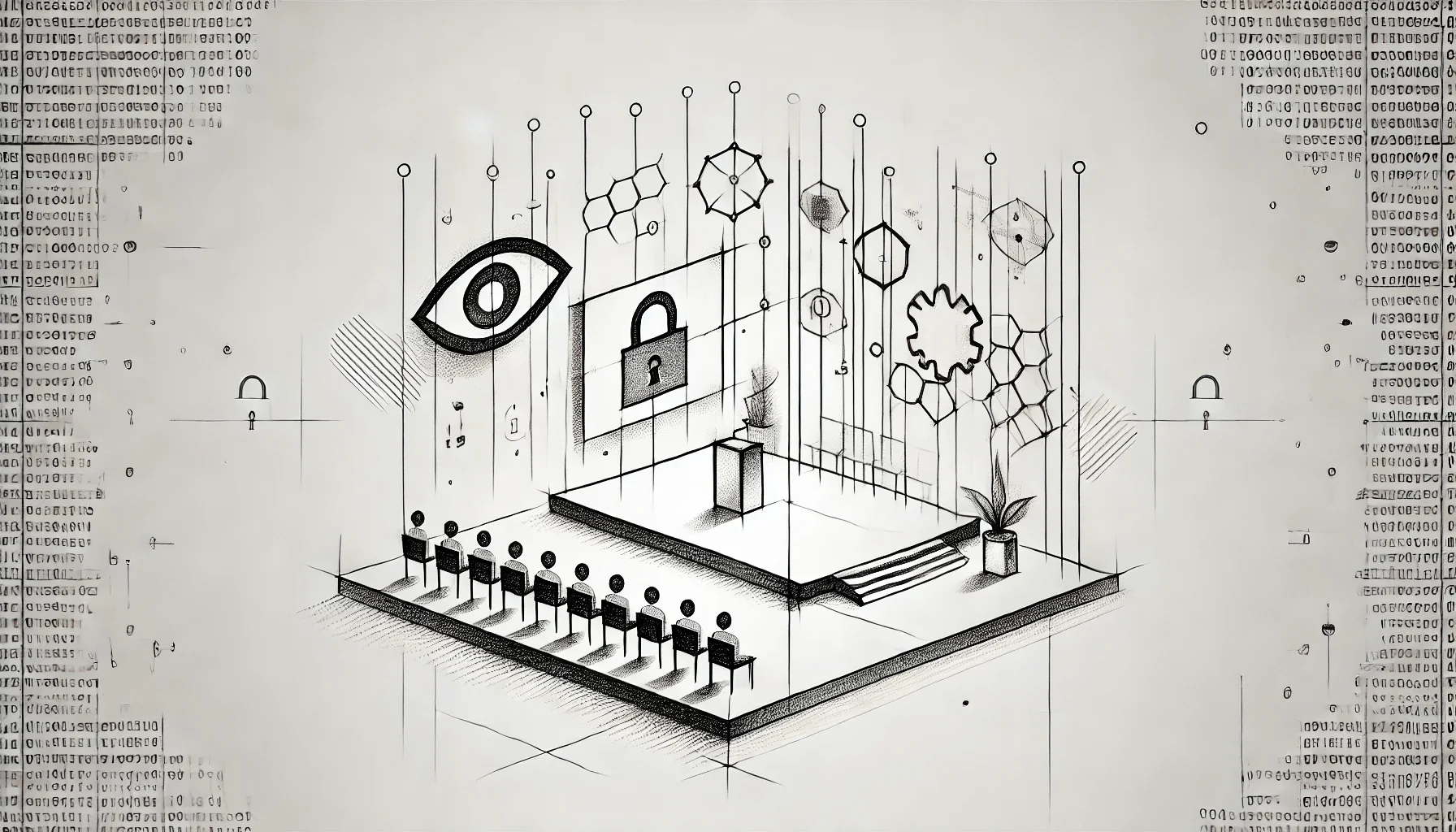 Illustration of a cyber security conference with simple lines