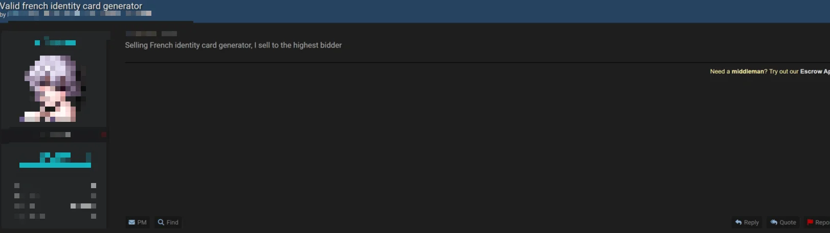Hacker forum post advertising a French ID card generator for the highest bidder