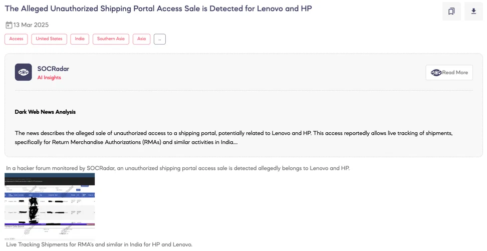 Alleged Unauthorized Shipping Portal Access Sale is Detected for Lenovo and HP 