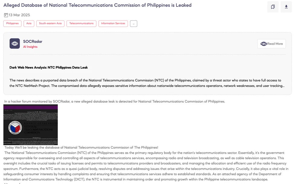 Alleged Database of National Telecommunications Commission of Philippines is Leaked