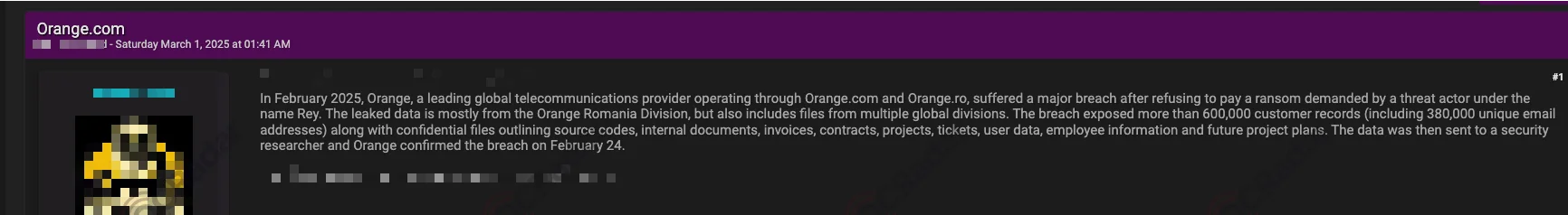 Hacker claims an Orange data breach with a forum post (SOCRadar Dark Web News) 