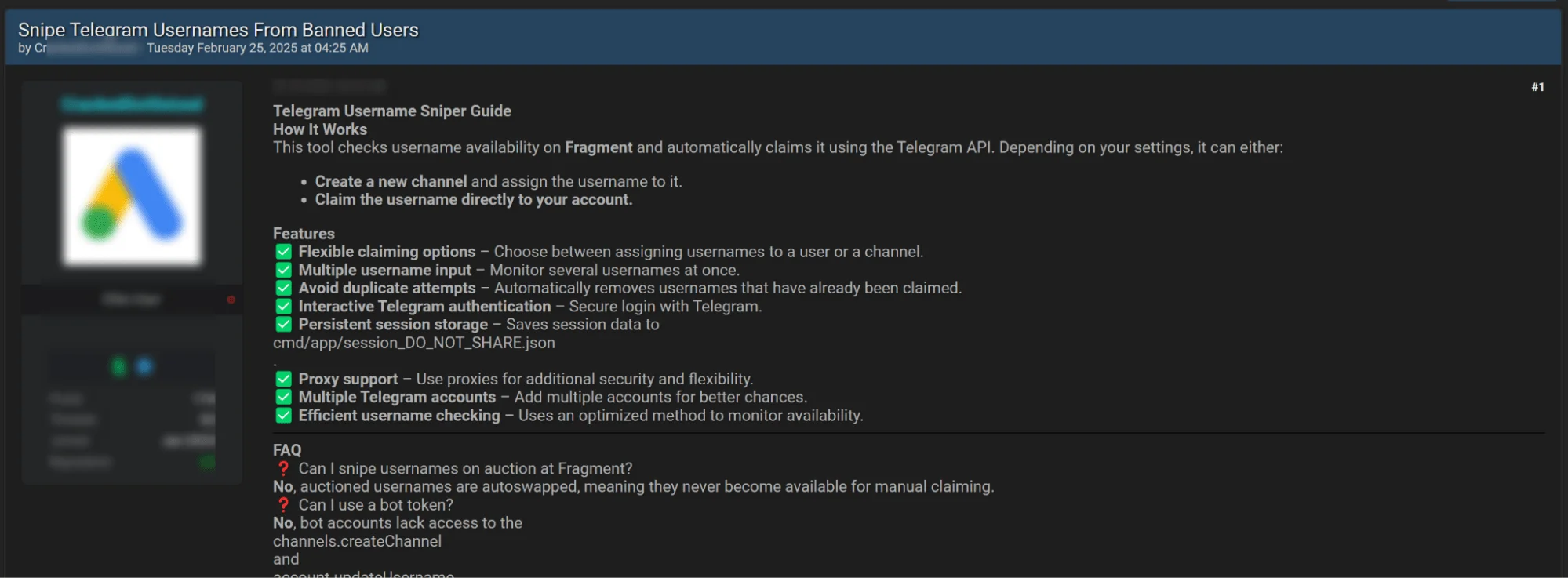 Hacker forum post about the tool that snipes Telegram usernames from banned users, detailing its features and usage.