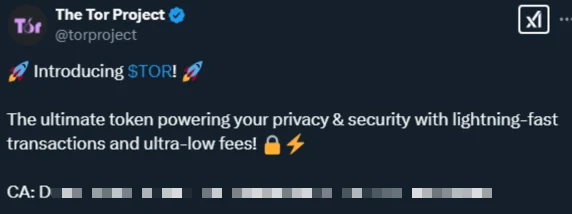 Compromised Tor Project X account promoting a fake $TOR cryptocurrency
