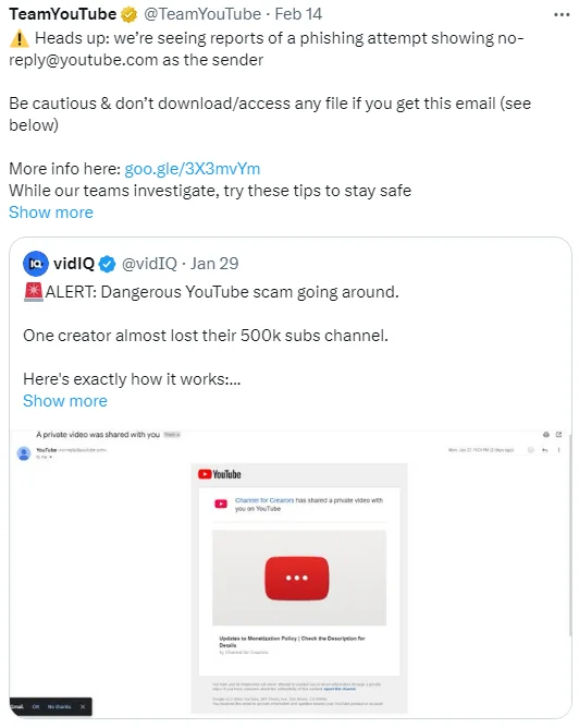 YouTube alert regarding the phishing attempt (Source: X)