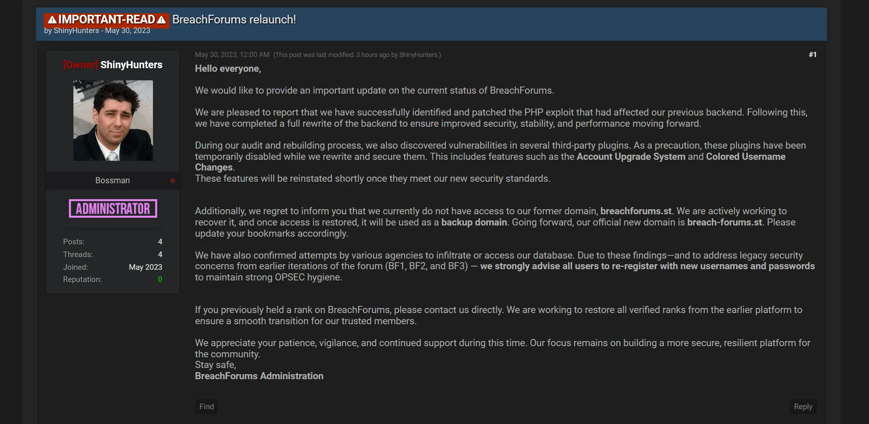 Only post on the new domain, ShinyHunters’ relaunch announcement