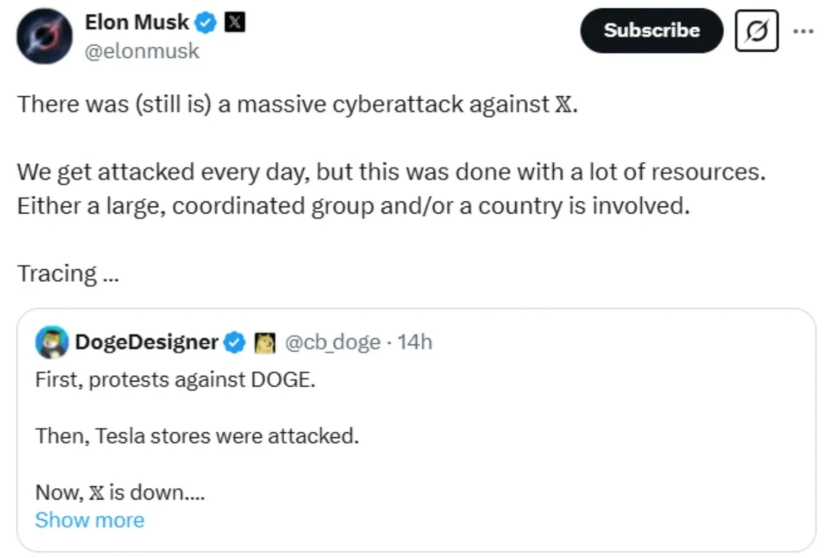 Tweet by Elon Musk, about DDoS attacks on X