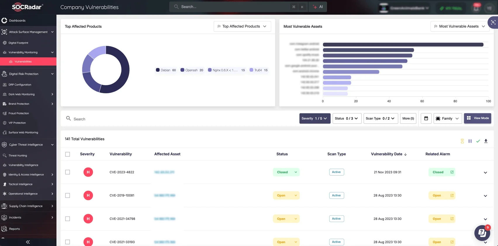 SOCRadar’s Attack Surface Management (ASM) module, Company Vulnerabilities