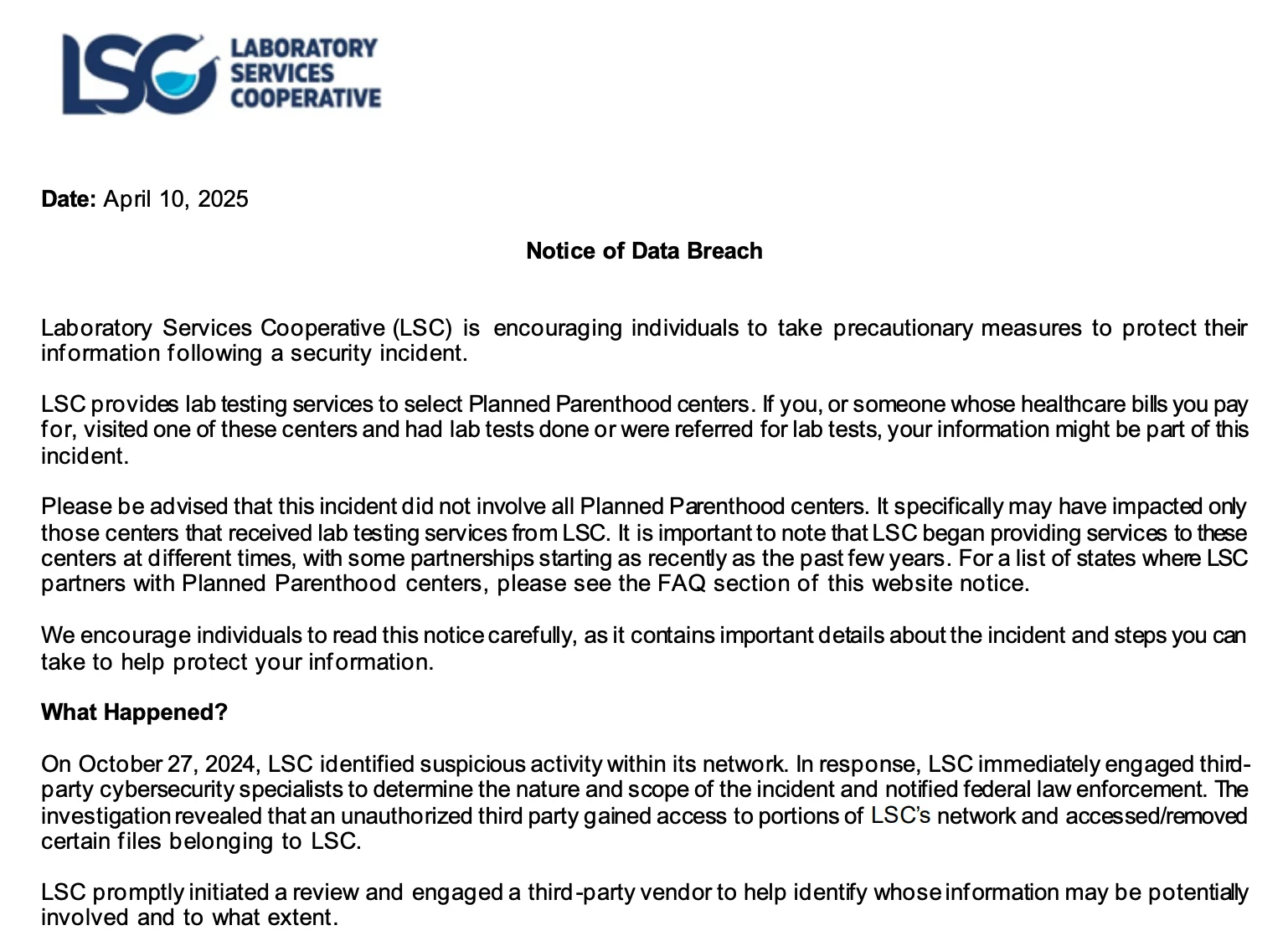 Data breach notification by LSC (maine.gov) 