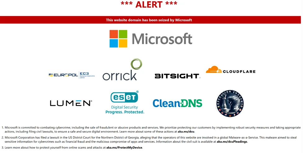 A domain that has been seized by Microsoft alert (Source: Microsoft)