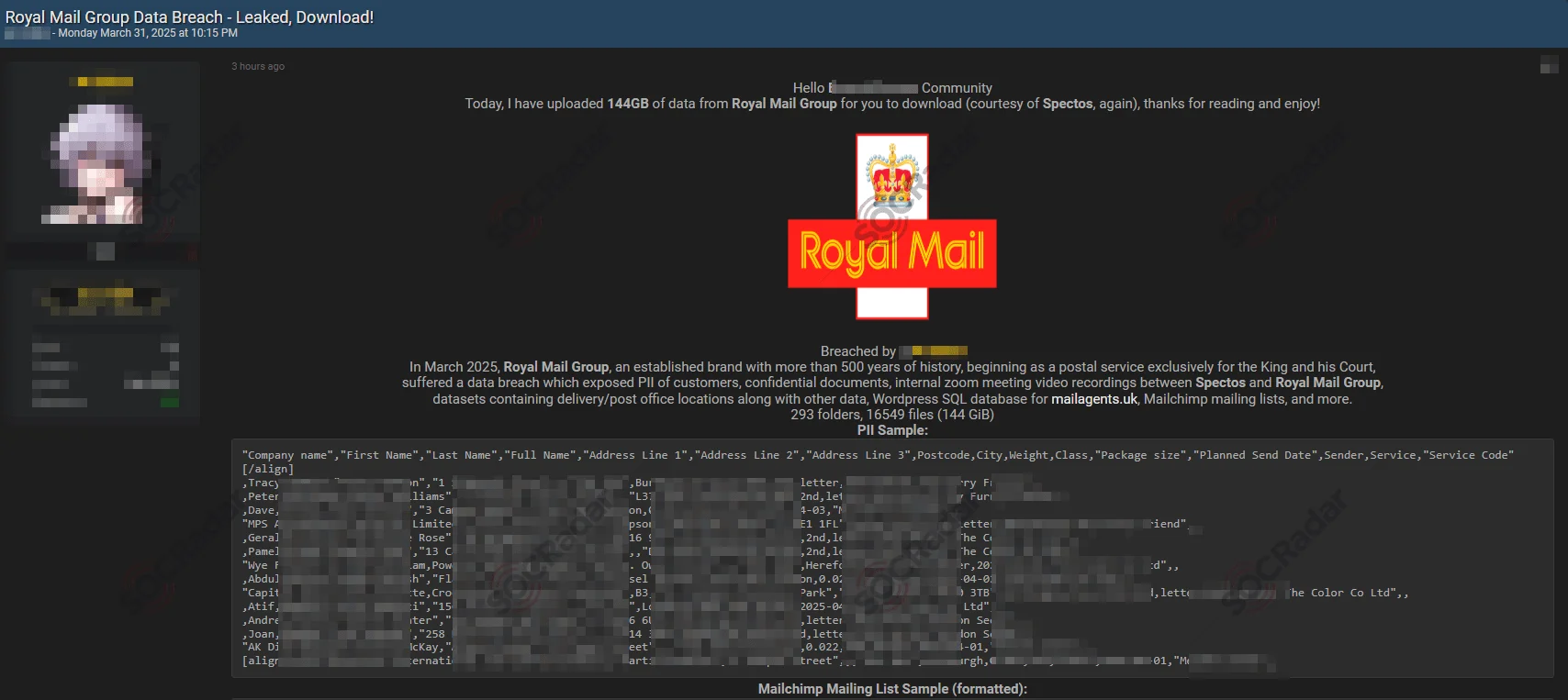 Leak post about the Royal Mail Group data breach (SOCRadar Dark Web News)