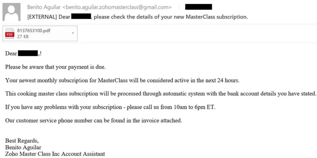 Example Silent Ransom callback phishing mail from 2022 (Sygnia)