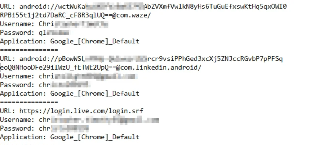 TXT file from a stealer log showing extracted credentials and URLs.