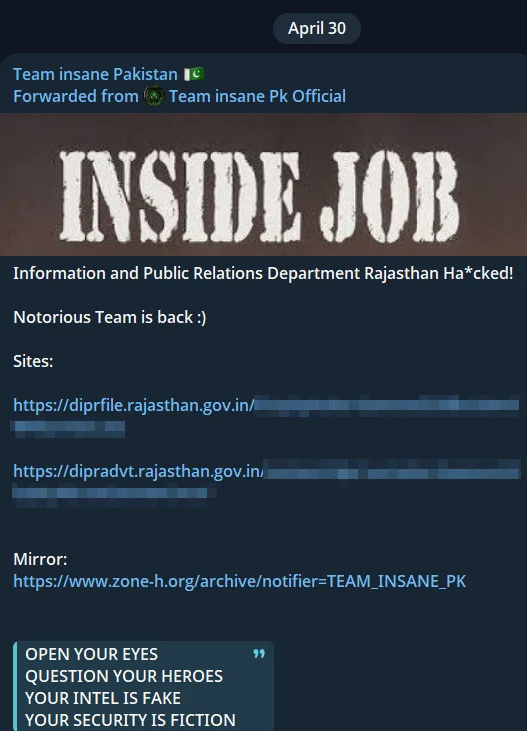 Team Insane Pakistan’s Telegram post