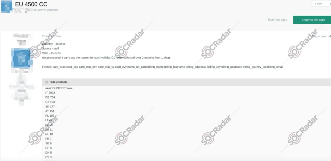 Dark web actor offering 4,500 credit card records for sale