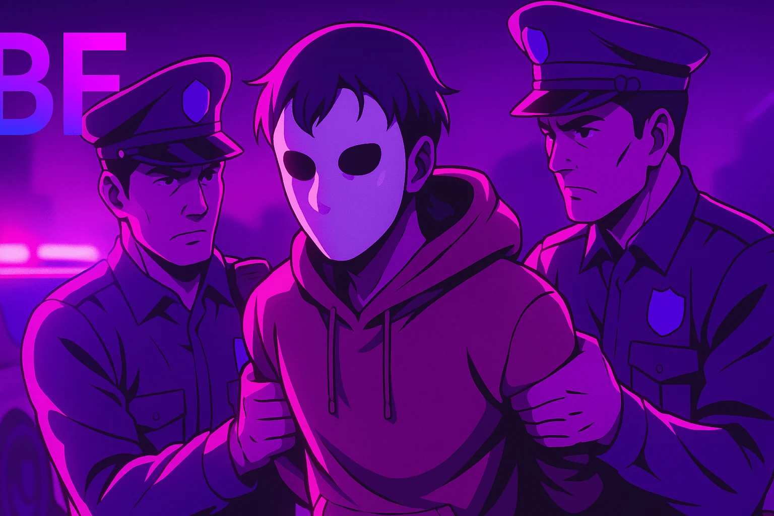 Stylized arrest scene referencing the capture of IntelBroker. Created with DALL-E.
