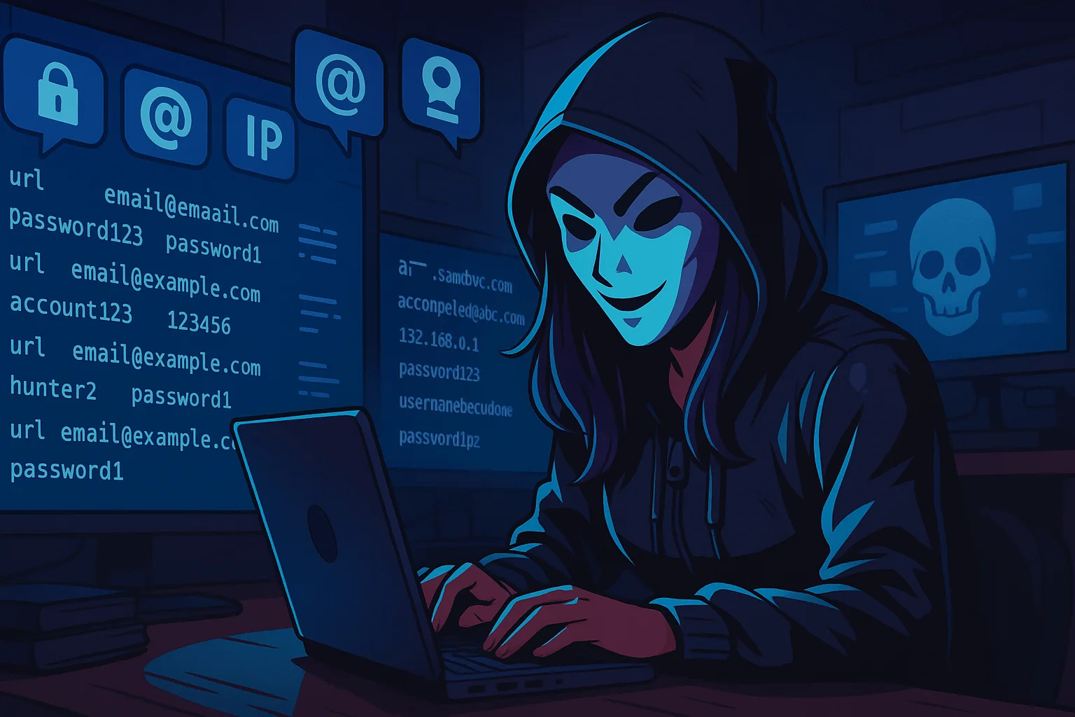 The image represents Telegram stealer log channels and dark web cybercrime activity.