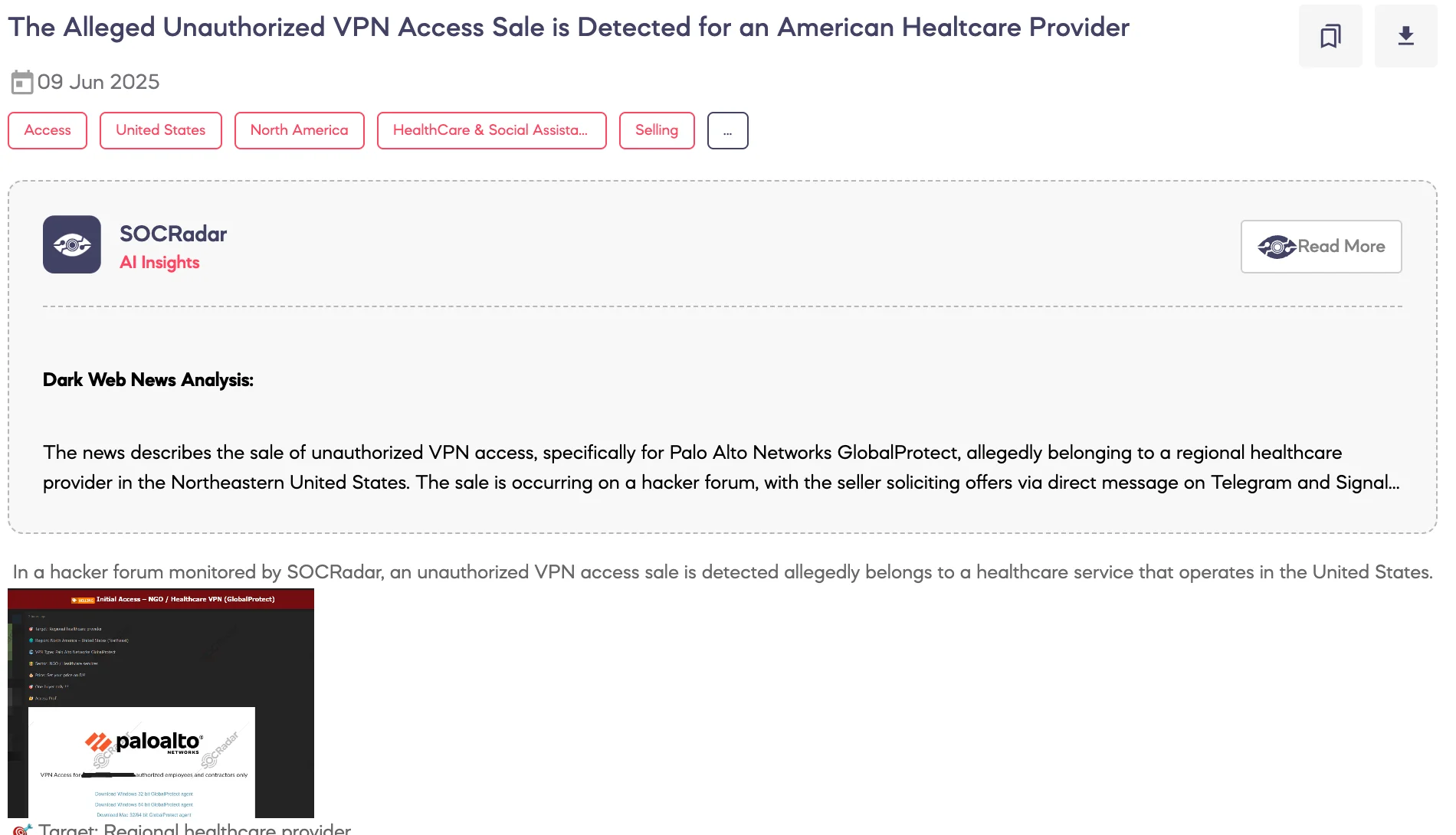 Alleged Unauthorized VPN Access Sale is Detected for an American Healthcare Provider