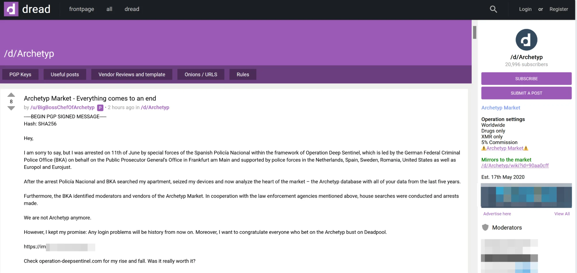 Final shutdown message posted in Archetyp Market’s Dread subdread, confirming law enforcement action and the seizure of market infrastructure. The community had over 20,000 subscribers.