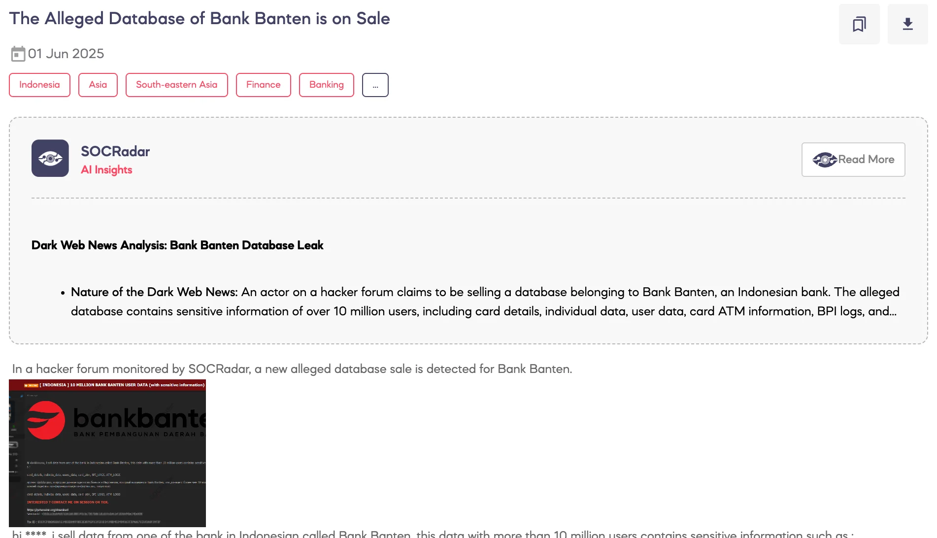 Alleged Database of Bank Banten is on Sale