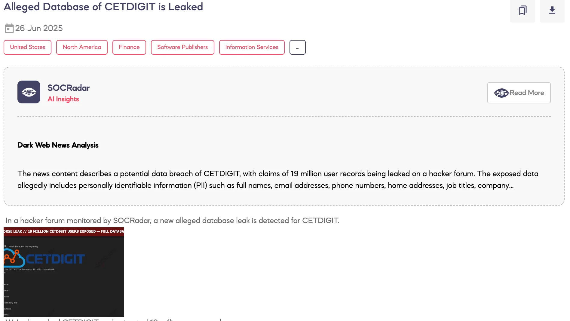 Alleged Database of CETDIGIT Is Leaked, SOCRadar Dark Web News