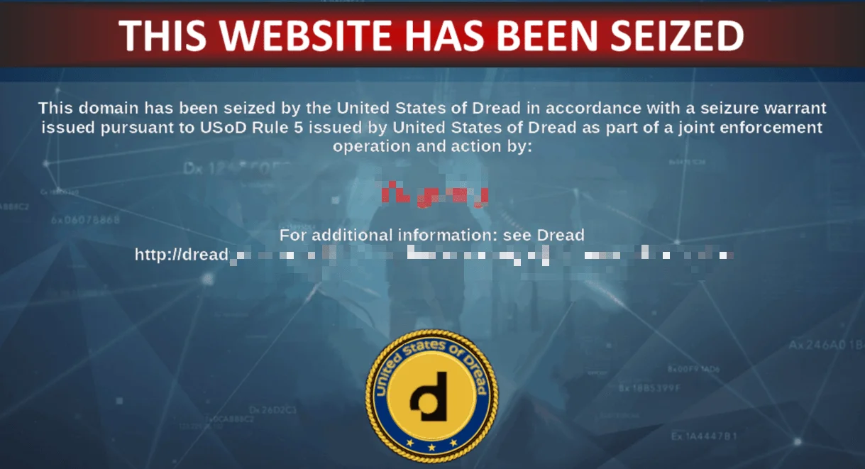 Defacement mimics a law enforcement takedown. Posted by threat actors after breach.