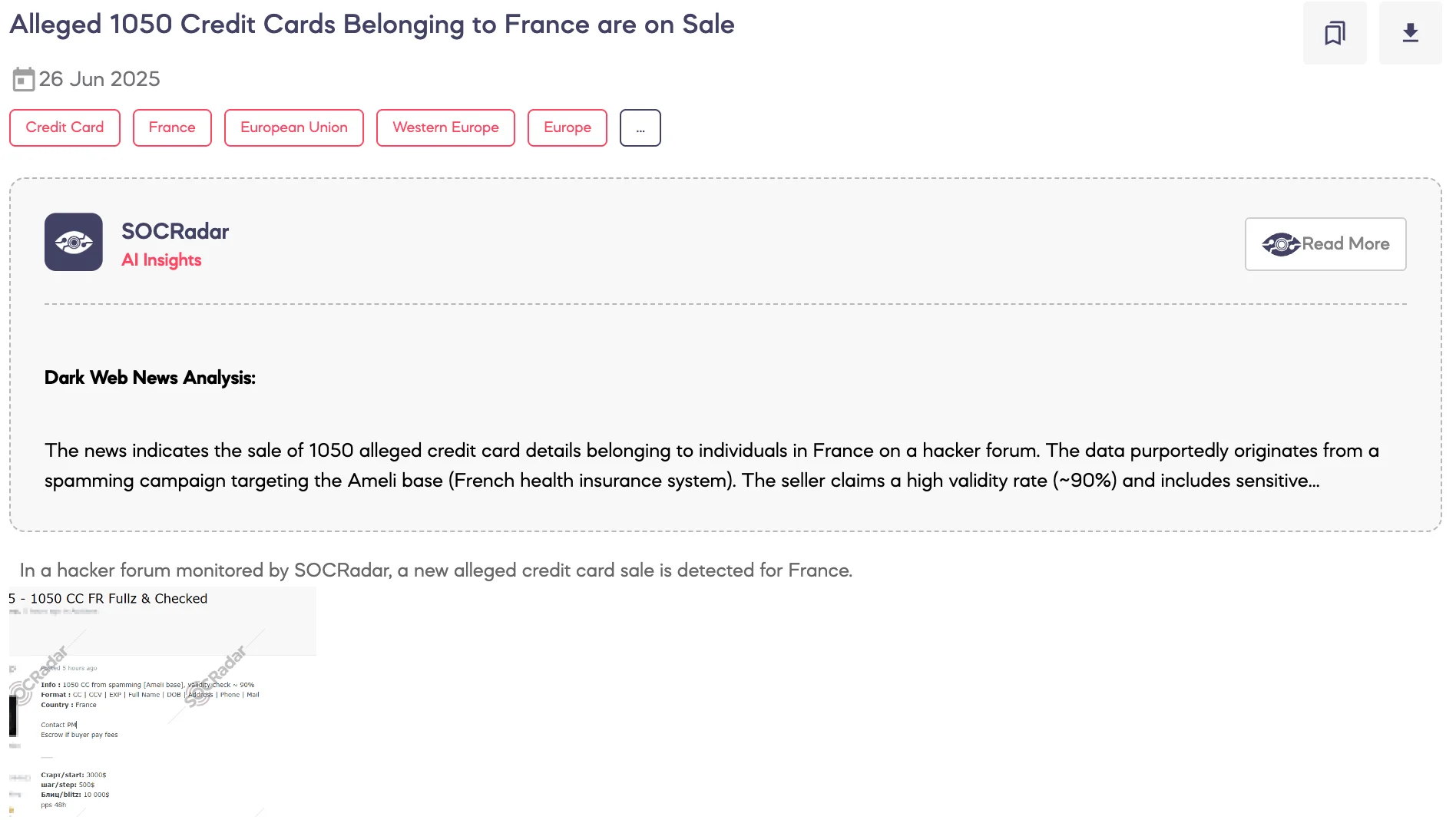 Alleged 1,050 Credit Cards Belonging to France Are on Sale, SOCRadar Dark Web News