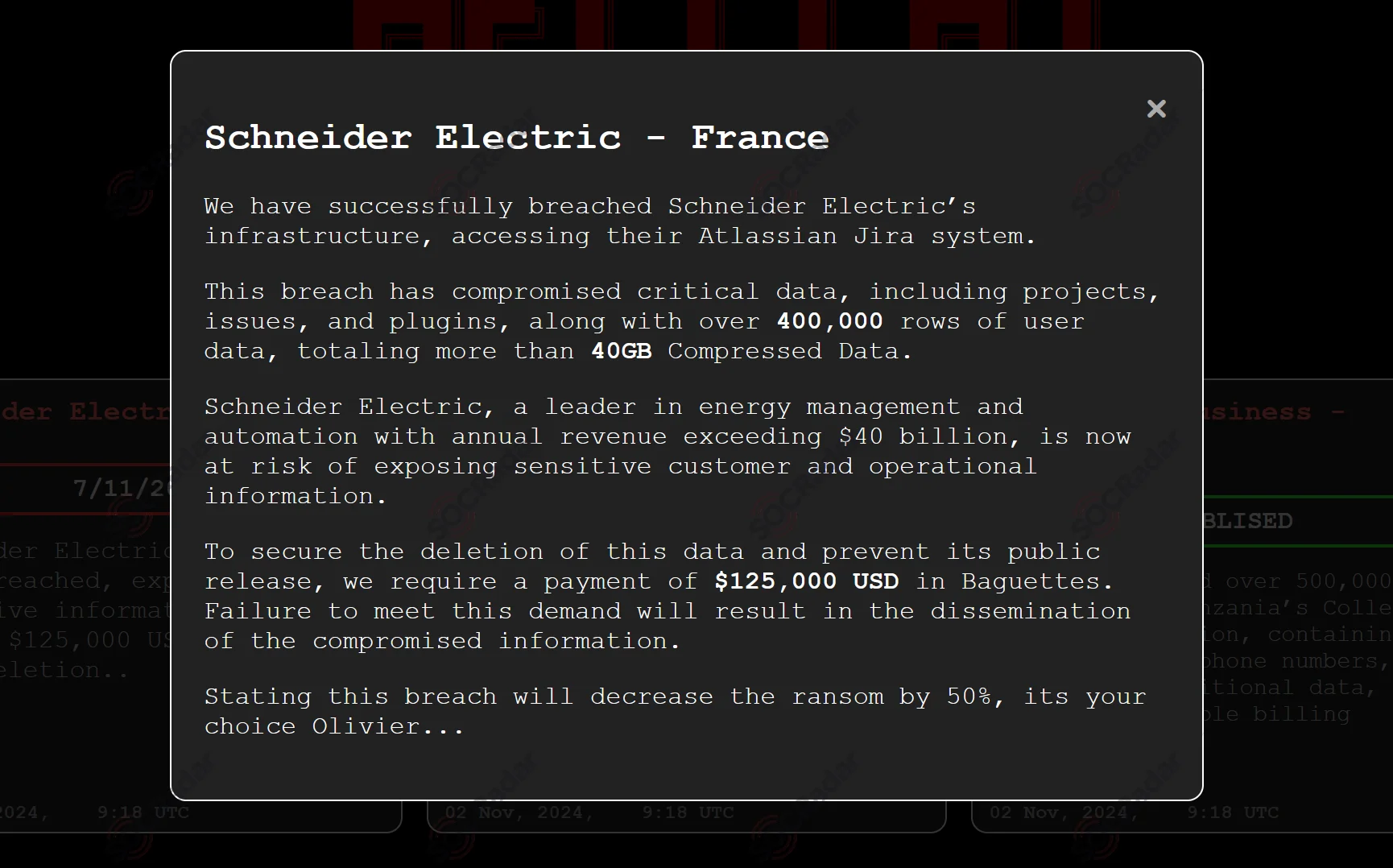 The claim of the Schneider Electric breach posted on HellCat's Dark Web platform (Source: SOCRadar Dark Web News)