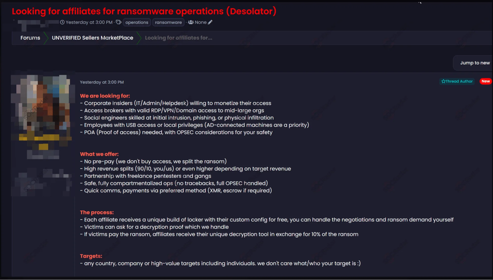 Dark web forum post offering partnership to access brokers, with focus on RDP, VPN, and domain access to enterprise environments. (Source: SOCRadar Dark Web News)