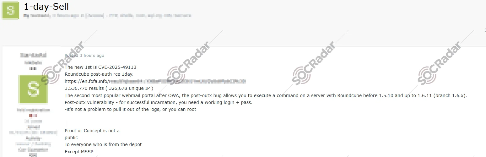 Exploit sale for CVE-2025-49113 on a Dark Web forum (SOCRadar Dark Web News)