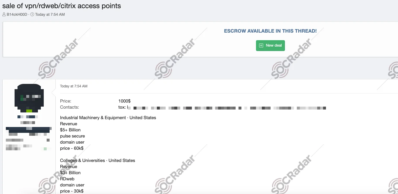 Dark web post offering VPN, RDWeb, and Citrix access to industrial, educational, and government organizations in the United States, Austria, and Malaysia, with domain-level credentials and revenue-based pricing. (SOCRadar Dark Web News)