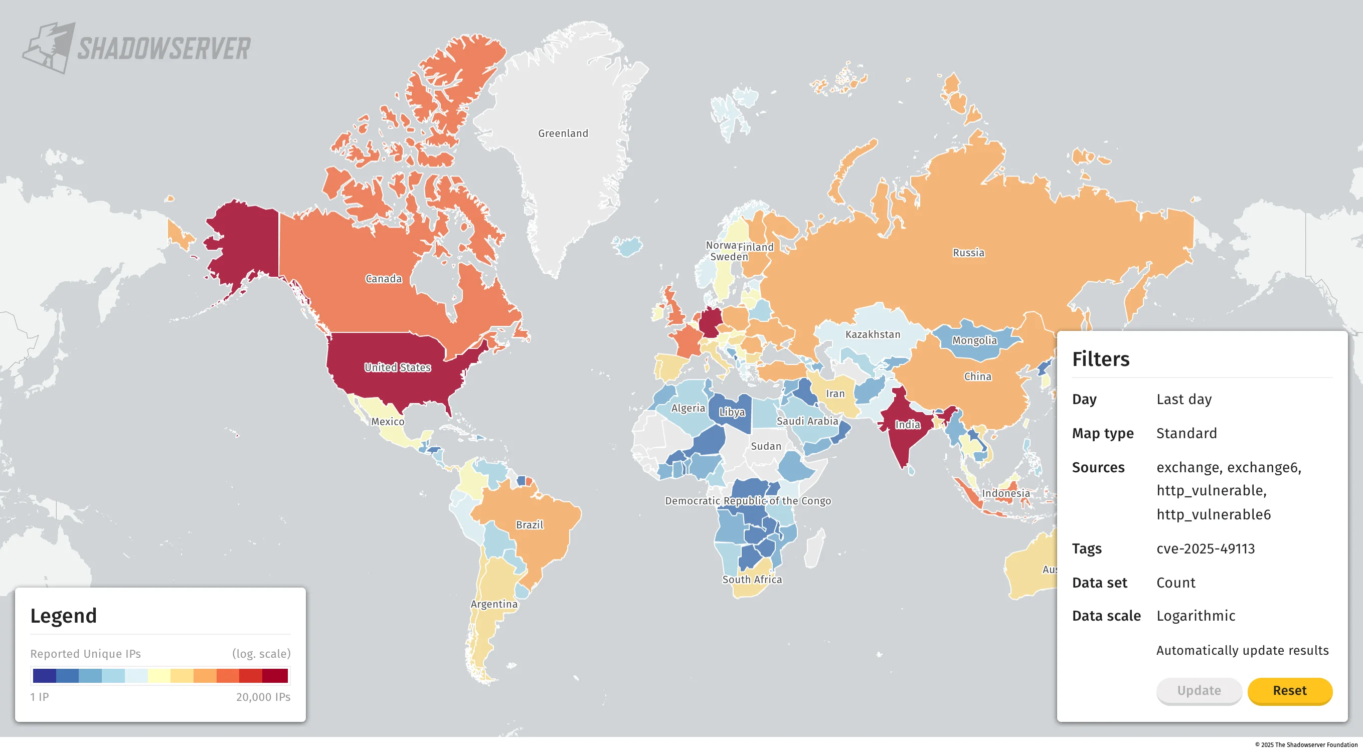 Map view of CVE-2025-49113 impact (Shadowserver)