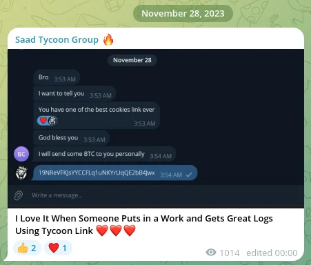 BTC wallet address shared in Saad Tycoon Group (Sekoia)