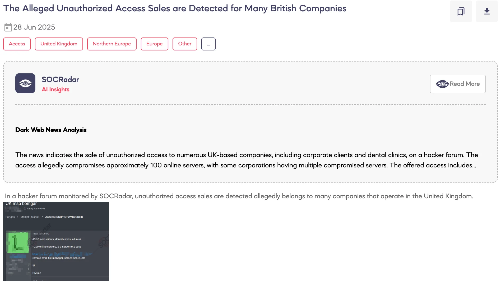 Alleged Unauthorized Access Sales Are Detected for Many British Companies, SOCRadar Dark Web News