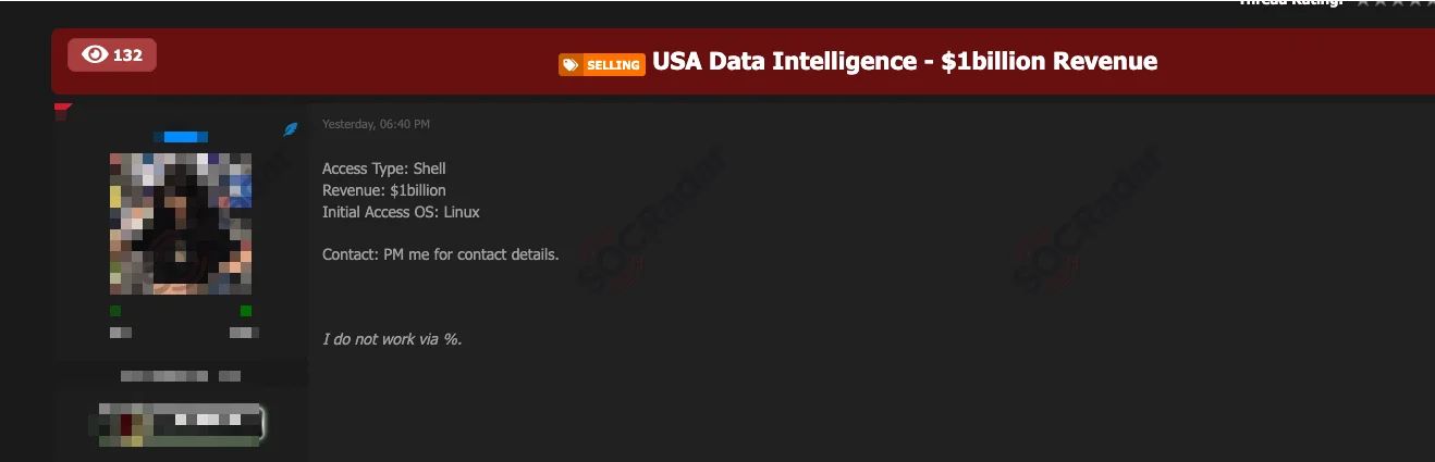 Hacker forum post offering alleged Shell access to a U.S.-based organization (Source: SOCRadar Dark Web News)