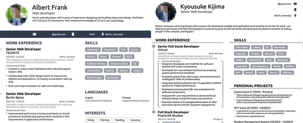 Fake Resumes Using AI-Modified Photos. Two different identities built on altered versions of the same AI-enhanced image. (Source: Microsoft)