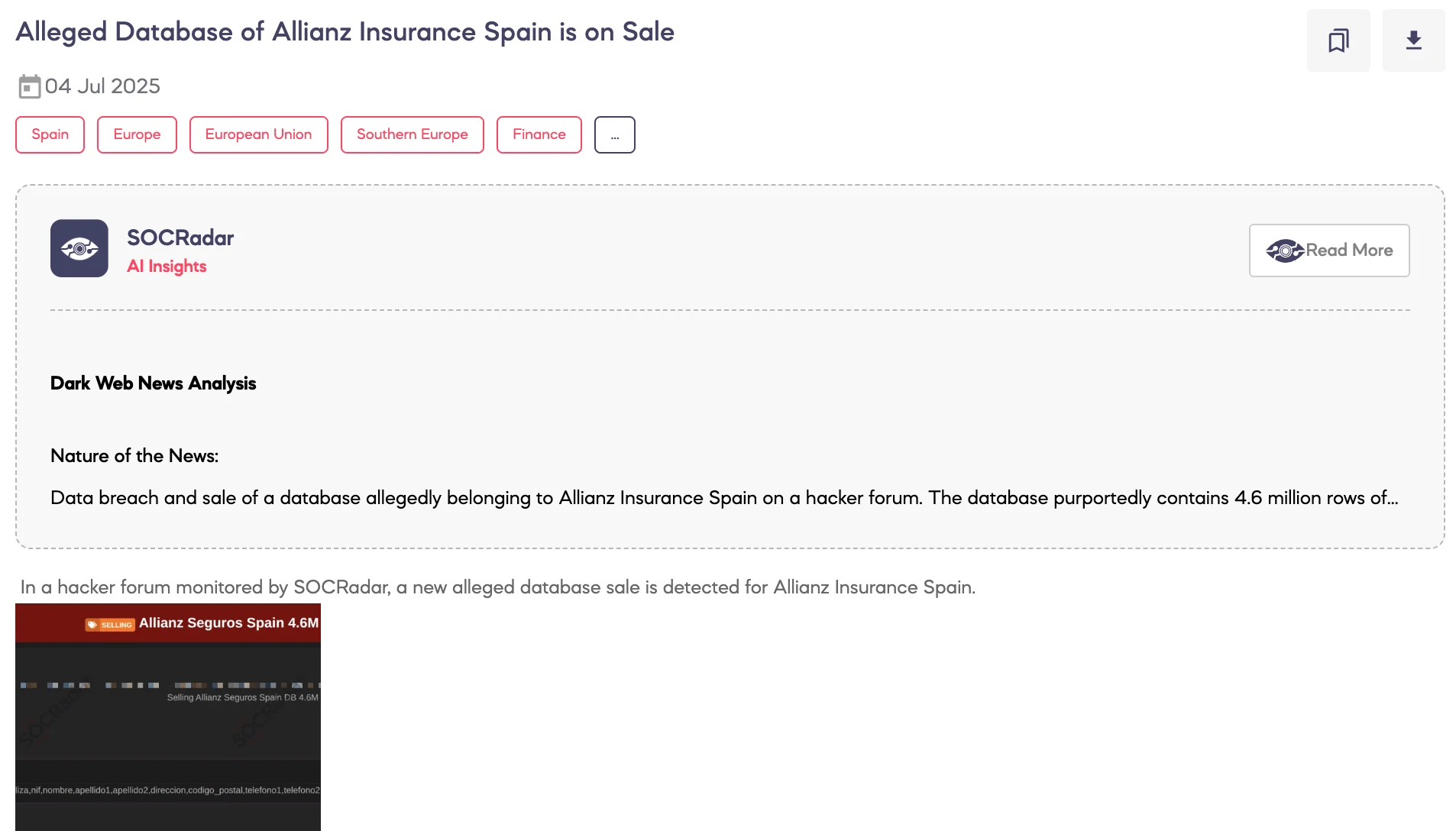 Alleged Database of Allianz Insurance Spain is on Sale