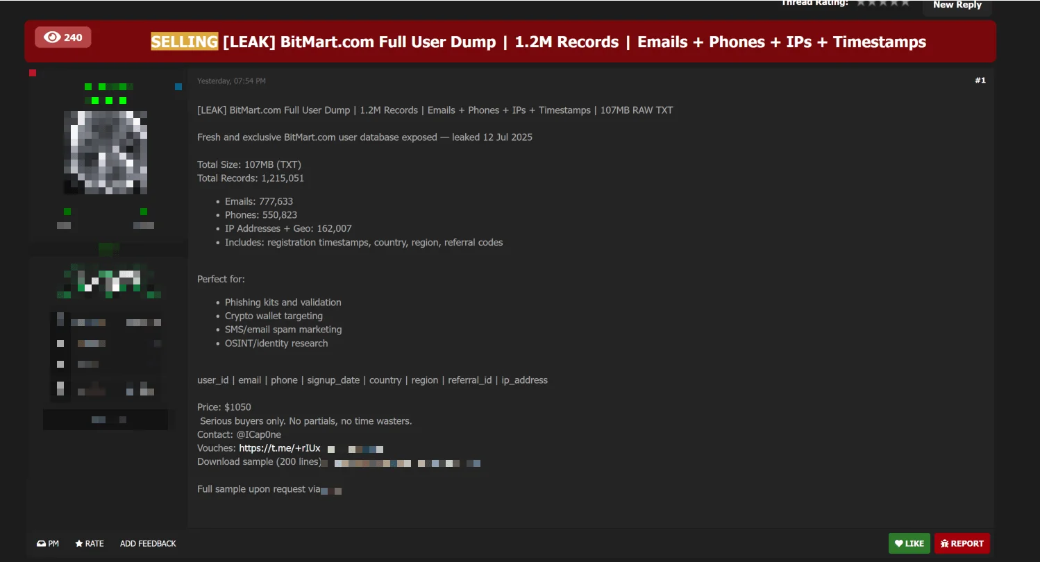 BitMart Breach, Naver Leak, qTox Exploit, and Credit Card Sales Detected on  Dark Web