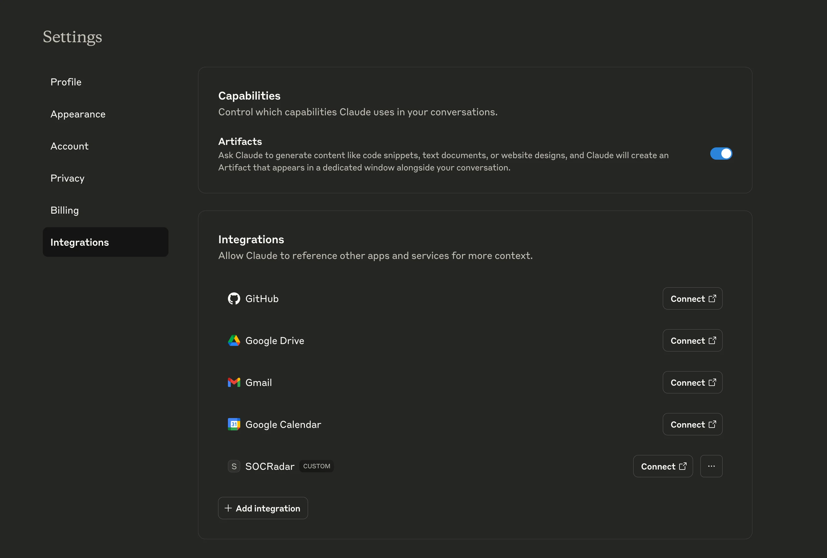 The Integrations tab allows you to manually add new custom services such as SOCRadar.