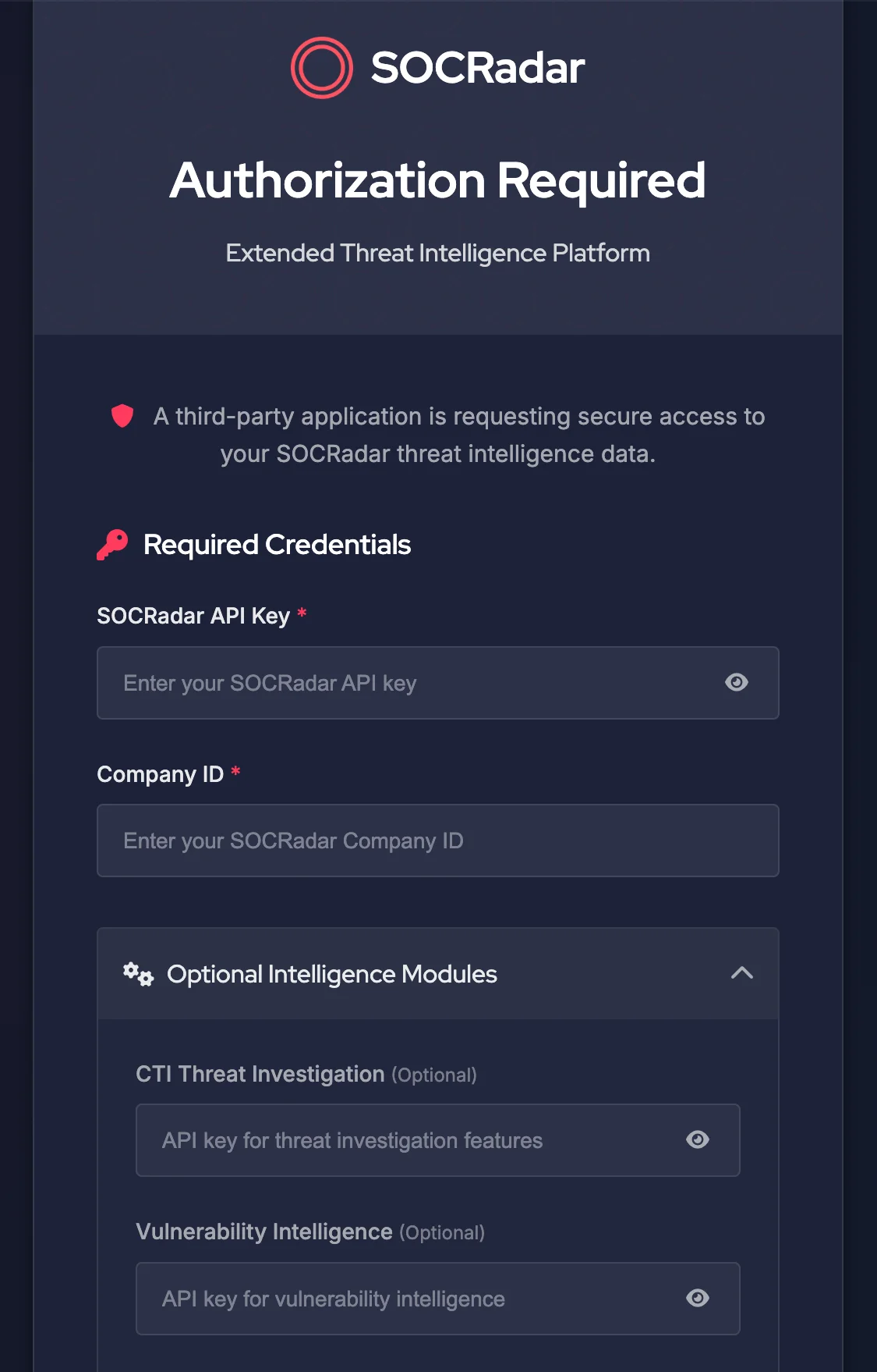 Authorization screen prompting for your API Key, Company ID, and optional module-specific keys.