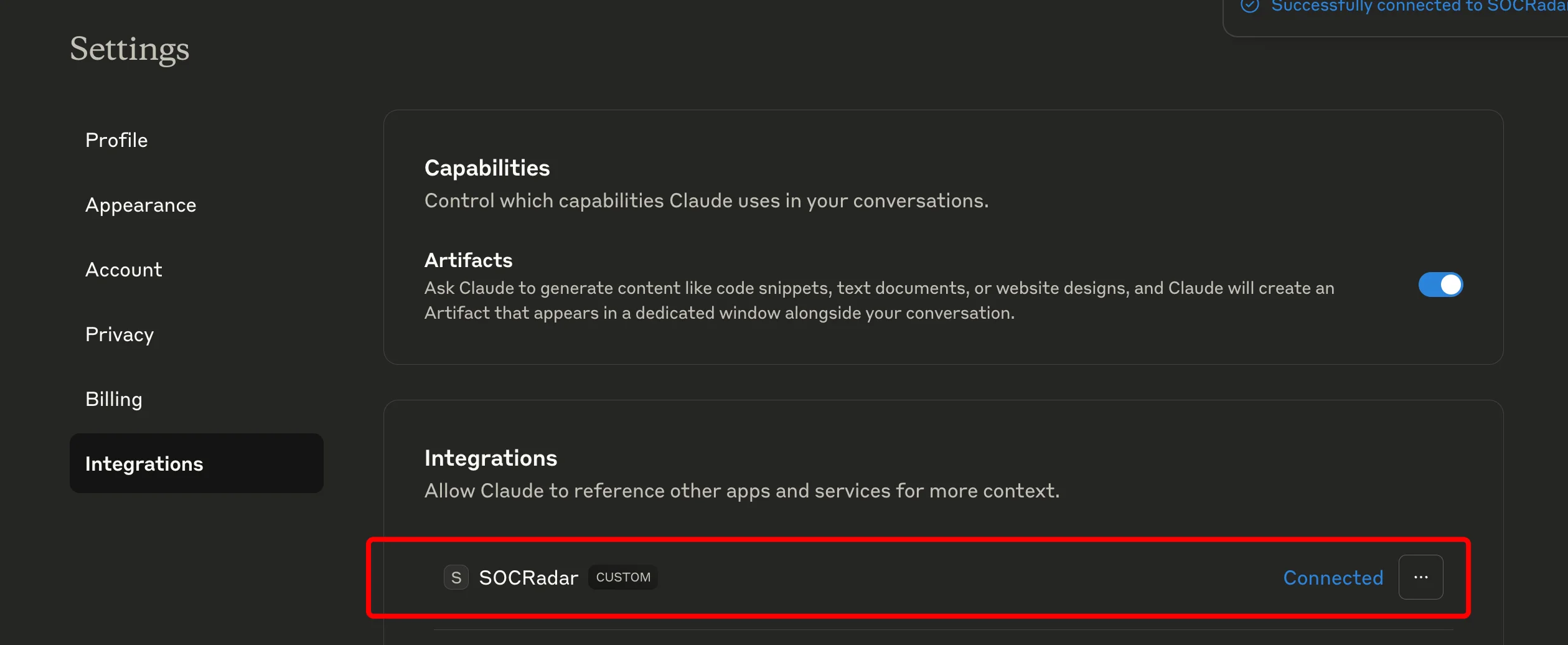 The SOCRadar integration appears as “Connected” once credentials are validated.