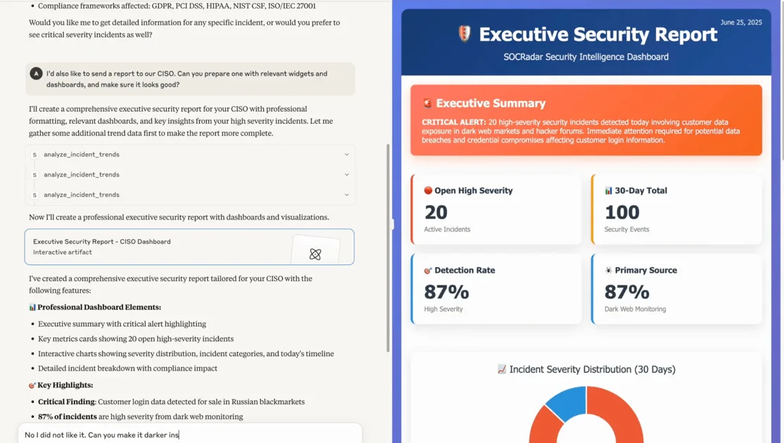 SOCRadar MCP Server generates tailored reports for every role. Analysts get detailed indicators and visuals, CISOs receive executive summaries and risk-focused insights, all through adaptive widgets and customizable layouts.
