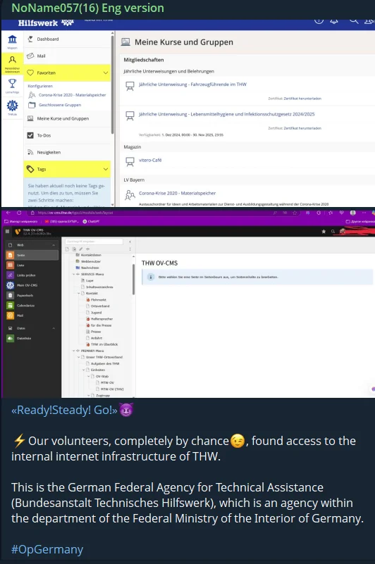 The group claims access to Germany’s THW internal infrastructure during recent attacks (#OpGermany) – Telegram post date July 16, 2025