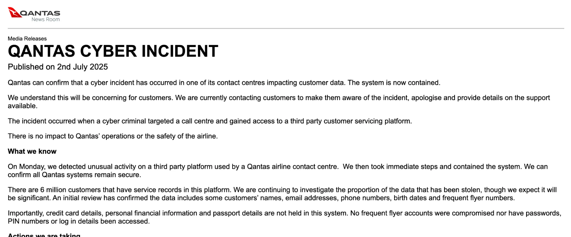 Incident announcement on Qantas News Room