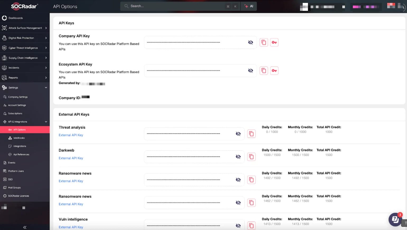 SOCRadar platform API keys