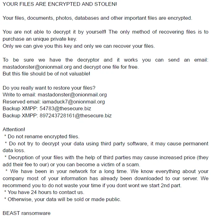 Beast Ransomware’s ransom note (ransomware.live)