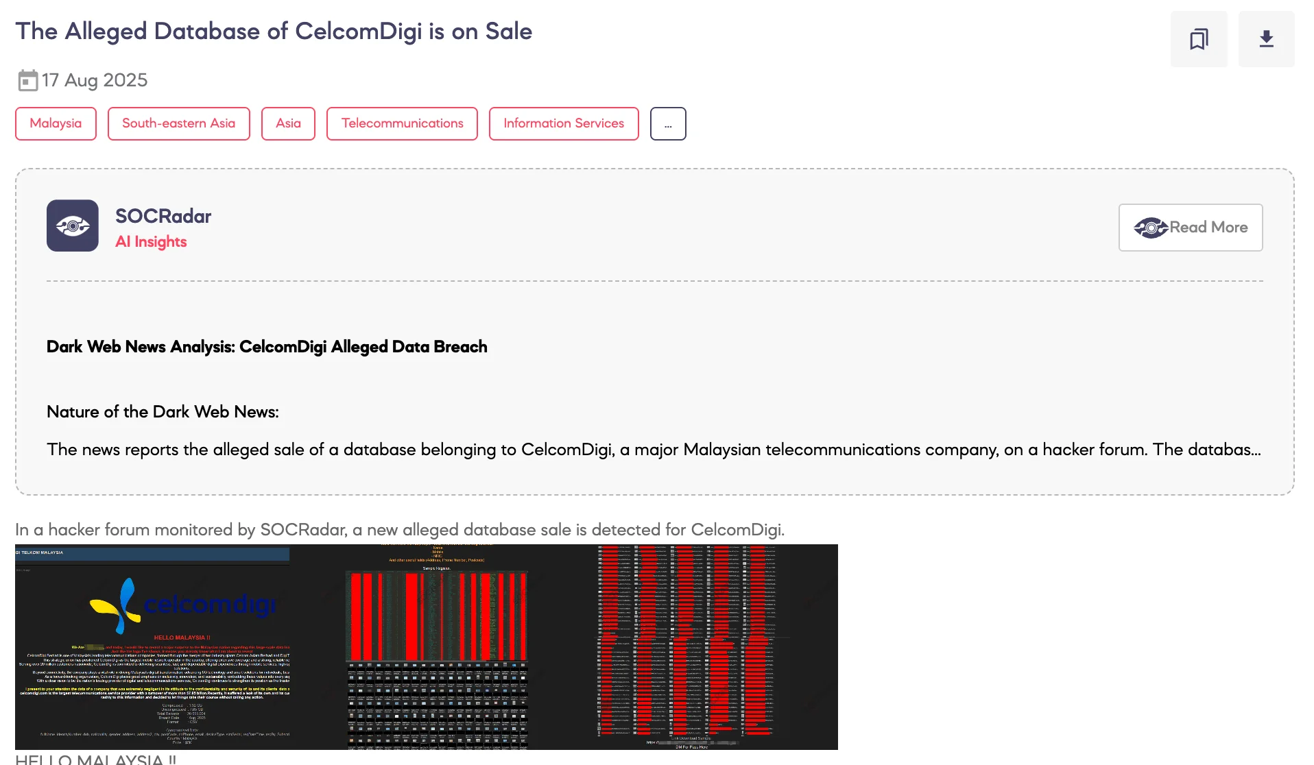 Alleged Database of CelcomDigi is on Sale