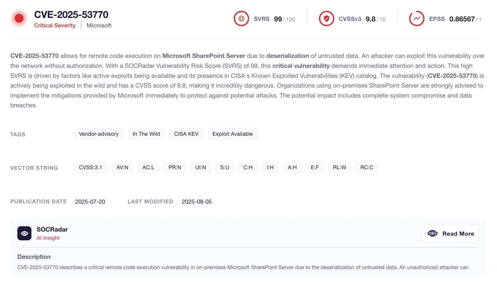 Details of CVE-2025-53770 (SOCRadar CVE Radar)